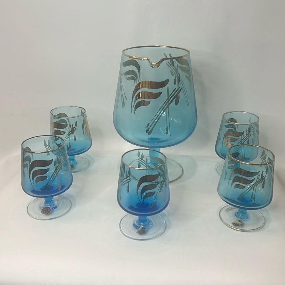 Italy Bar Spout Pitcher 5 Glass Vintage Cobalt Venetian Blue Hand Painted Gold
